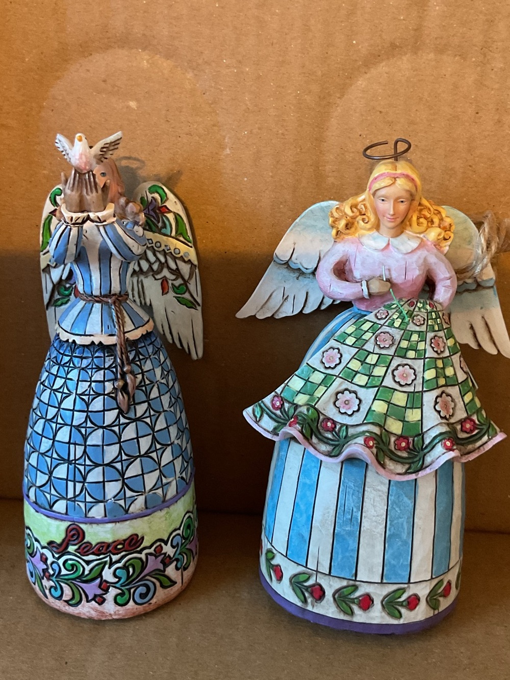 Jim Shore Hand-Painted Blue and Green Angel Figurines Set of 2.